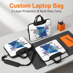 May include: Three white laptop bags with black handles and trim, featuring a blue triangle graphic and the text CUSTOM HERE. The bags include a shoulder strap and a front pocket design. The text CUSTOM HERE is printed in a colourful, retro-style font.