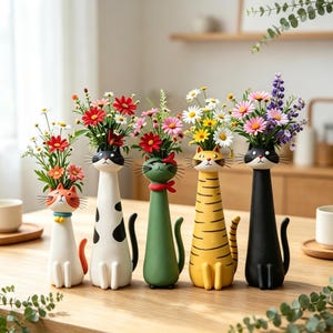 May include: A set of five cat-shaped vases in various colours including white, green, yellow, and black, each holding a unique arrangement of colourful wildflowers like daisies and red blooms. The vases feature long necks and cat faces with whiskers.