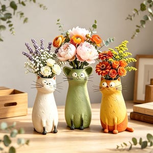 Könnte beinhalten: Drei katzenförmige Vasen in Creme, Salbeigrün und Orange mit aufgemalten Gesichtern, Drahtschnurrhaaren und aufrechten Ohren. Die Vasen sind mit Lavendel, weißen Rosen, rosa Pfingstrosen, orangefarbenen Ranunkeln und gelben Blumen gefüllt.