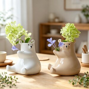 Schattige knuffelbeer keramische vaas, kawaii hondenbloemenvaas, houder met kleine gedroogde bloemen, esthetische tafeldecoratie, cadeau voor dierenliefhebbers