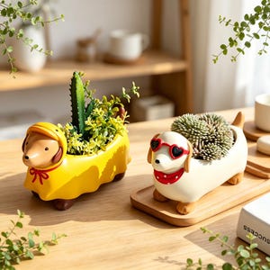 May include: Two dachshund-shaped planters. The left planter is yellow with a matching raincoat and hood, containing a green cactus. The right planter is cream-colored with red heart-shaped sunglasses and a red polka-dot scarf, holding a succulent.