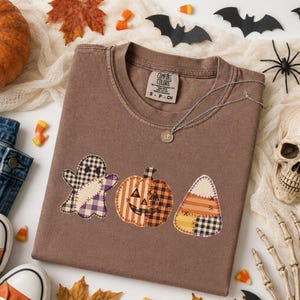 Patchwork Halloween Shirt, Cute Ghost Pumpkin Tee, Candy Corn Halloween Shirt, Vintage Spooky Season Tee, Fall Halloween Gift for Her