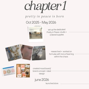 May include: A timeline graphic titled chapter 1 pretty in peace is born Oct 2025 - May 2026. It features photographs of a studio setup, formula testing, and a mood board with brand concepts. The text details the process from studio setup to the June 2026 store launch.
