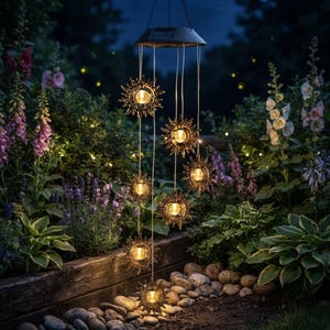 May include: A solar-powered hanging light fixture featuring six metallic sun-shaped ornaments suspended at varying heights. Each sun ornament contains a glowing, warm-toned light bulb at its centre, connected by thin wires to a circular top panel.
