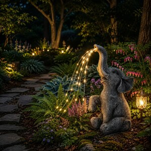 Può includere: Una statua da giardino a forma di elefante grigio in posizione seduta con la proboscide sollevata, che emette una cascata di luci fatate bianco caldo che scorrono verso il basso come acqua. La scultura ha una finitura testurizzata in pietra.