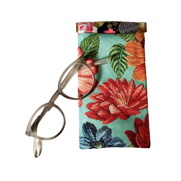 Etui à lunettes à cliquet en toile tapissier/ Tapisserie à fleurs/ Tissu Japonais/Rétro/ Pochette téléphone/ étui lunettes clic clac