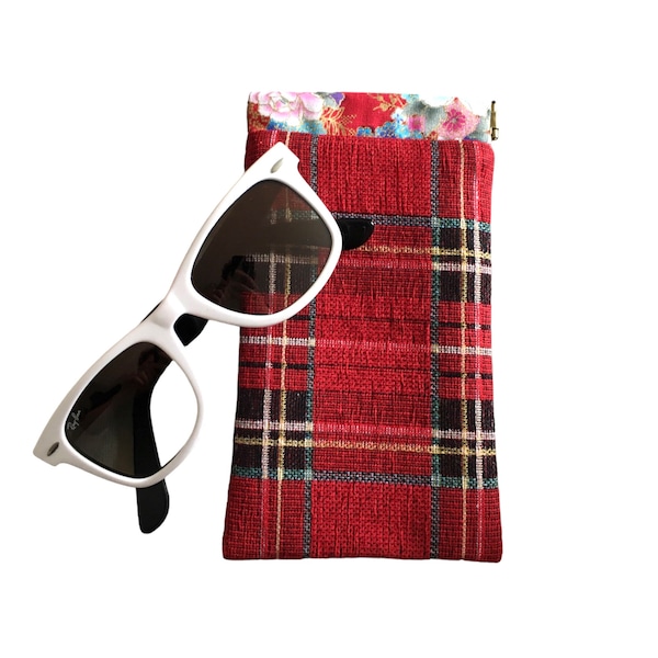 PS Cendrillon /Etui à lunettes à cliquet en tissu Jacquard écossais rouge et tissu japonais/ Etui lunettes Clic Clac/ pochette rétro