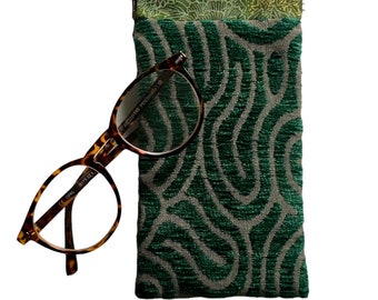 Etui à lunettes "Clic-clac" Mélange de tissus /Etui à lunettes à cliquet en Jacquard velours chenillé vert et tissu Japonais vert et or