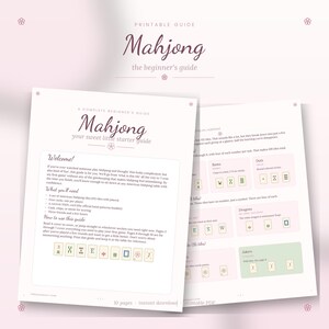 May include: A printable ten-page Mahjong beginner's guide featuring white pages with dark text and illustrations of game tiles. The cover displays the title Mahjong your sweet little starter guide, while the interior pages explain tile sets, including Bams, Dots, Dragons, and Jokers with clear headings and instructional text.