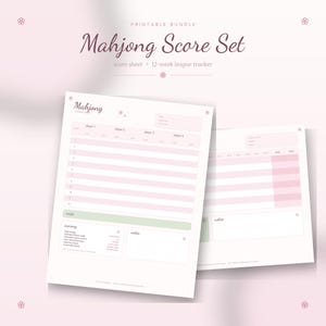 May include: A printable Mahjong score set bundle featuring a score sheet and a 12-week league tracker. The documents have a light pink and white color scheme with dark text, including sections for player names, scores, totals, notes, and scoring rules.