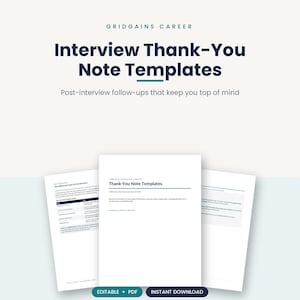 Può includere: Un set di documenti digitali intitolato Gridgains Career Interview Thank-You Note Templates con testo blu scuro su sfondo bianco. Le pagine presentano consigli professionali, layout strutturati e campi di testo per chi cerca lavoro.