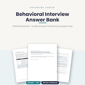 Op de afbeelding: Een digitaal document getiteld Behavioral Interview Answer Bank van Gridgains Career, met STAR-frameworks en modelantwoorden voor financiële en analistenrollen. De witte pagina's tonen gestructureerde tekst, koppen en professionele loopbaanadviezen.