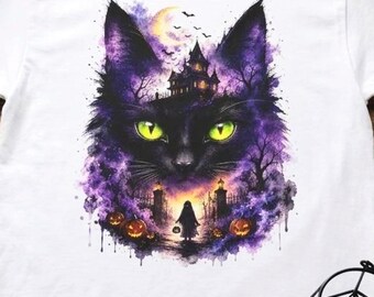 Black Cat Halloween Shirt, Haunted House Watercolour Gothic Art Tee