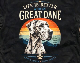 Great Dane Portrait T-Shirt, Retro Sunset Mountain Landscape, Dog Lover Tee