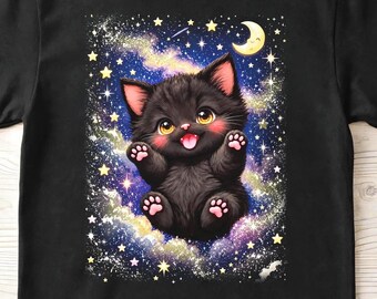 Cosmic Kitten Shirt, Celestial Black Cat Tee, Pastel Galaxy Graphic
