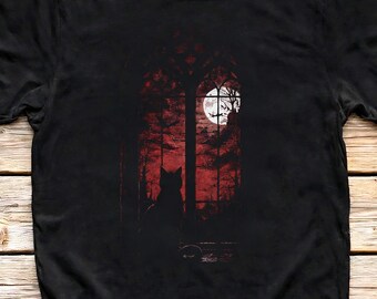 Black Cat Shirt, Gothic Moon Window Tee, Dark Academia Graphic