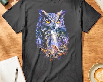 Moonlit Owl and Dormouse Shirt for Nature Lovers: Night Woodland Black Tee