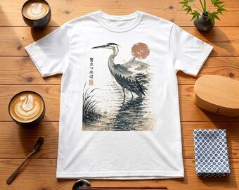 Heron T-Shirt for Bird Lovers: Japanese Ink Wetland Art with Mount Fuji, Ukiyo-e
