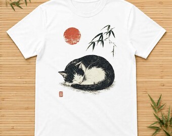 Japanese Sleeping Cat Shirt, Vintage Sumi E Ink Art Tee, Red Sun Bamboo Graphic