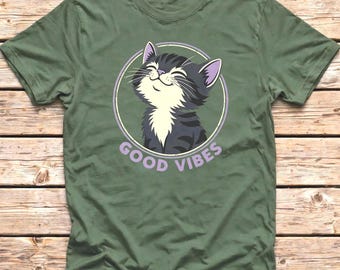 Good Vibes Cat Shirt, Retro Black Cat Graphic Tee