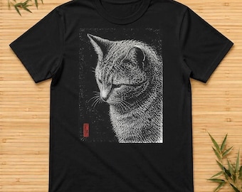 Japanese Cat Shirt, Ukiyo-e Style Monochrome Art Print Tee