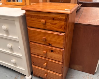 Honey Pine 5-Drawer Chest | Rustic Narrow Bedroom Storage Cabinet
