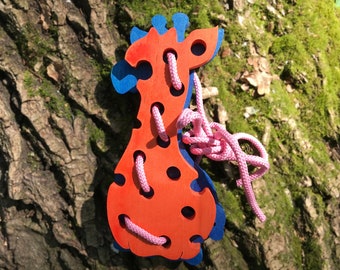 Colorful Wooden Puzzle with laces GIRAFFE. Handmade puzzle game that develops motor skills. Kids toy. Wooden ecofriendly toys for children