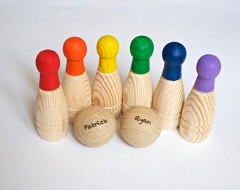 Wooden Skittles Game PERSONALIZED, Waldorf Toy Rainbow Bowling Set