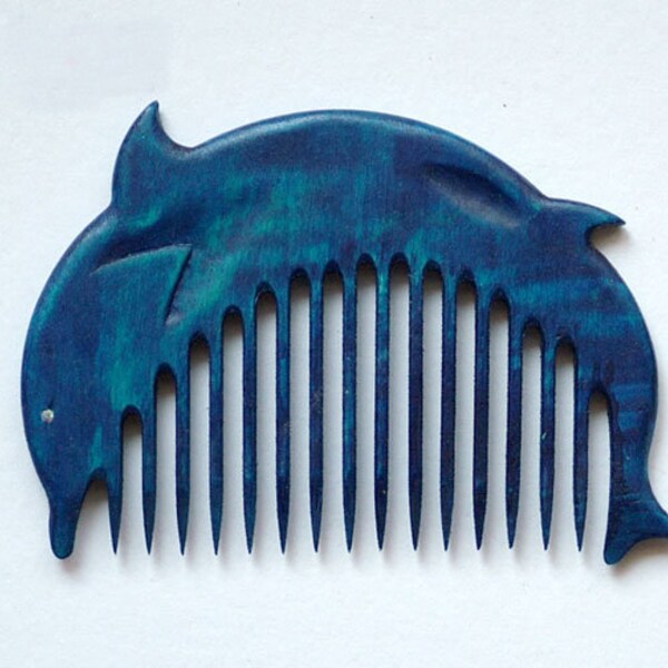 Wooden Comb Blue Dolphin Hand Carved Natural. Head Handle - Ready to Ship