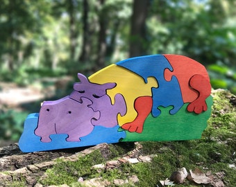 Personalized Hippo puzzle, Wooden toys, Wooden animal puzzle, Eco friendly handmade toys for babies, Montessori toy, Toy for toddlers