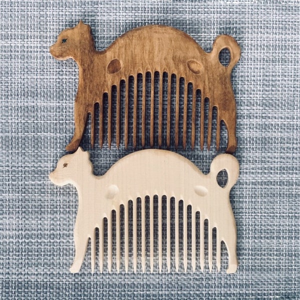 Personalized Wooden Comb Cat Hand Carved Natural. One of your choice.  Head Handle - Ready to Ship