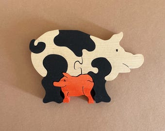 Personalized Wooden Pig Puzzle, Handmade Montessori Toy