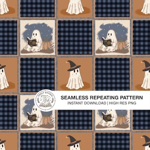 Halloween Fabric Digital Download, Quilted Ghost Seamless Pattern for Creative Projects