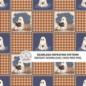 Halloween Seamless Pattern PNG, Cozy Ghosts and Pumpkin Patch Design for Fall Projects