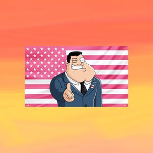 May include: A rectangular wall banner featuring a cartoon character in a dark blue suit and black tie, winking and pointing forward. The background displays a stylized American flag with horizontal red and white stripes and a blue field with white stars.