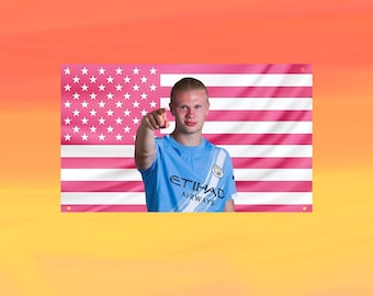 Erling Haaland Pink US Wall Tapestry Flag, Football Wall Art, Soccer Bedroom Decor, Sports Fan Banner