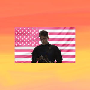 May include: A rectangular wall flag featuring a horizontal American flag pattern in shades of pink and white. Centered on the flag is a portrait of a person with short dark hair wearing a black long-sleeved shirt and a brown leather shoulder holster.