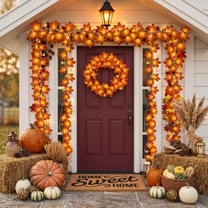Peut inclure: Une porte d'entrée rouge foncé décorée d'une guirlande et d'une couronne de feuilles d'érable lumineuses. L'entrée comprend des citrouilles, des bottes de foin et un paillasson avec le texte Home Sweet Home. Une lanterne est suspendue au-dessus.