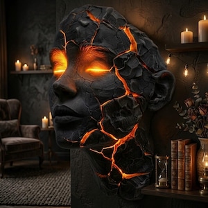 Peut inclure: Une sculpture murale représentant un visage humain en pierre sombre et craquelée. Les fissures à la surface émettent une lumière orange vive et intense, illuminant les yeux fermés et les contours du visage avec un effet ardent.