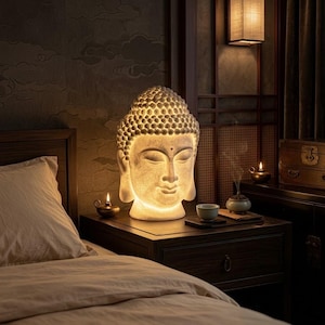 Puede incluir: Una lámpara con forma de cabeza de Buda en color blanco roto, con una superficie texturizada de pequeñas protuberancias redondeadas. La lámpara emite una luz cálida y suave desde el interior, iluminando los rasgos faciales y ojos cerrados.