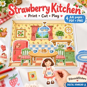 Puede incluir: Un set de muñecas de papel imprimible titulado Strawberry Kitchen que muestra una cocina con mesa, sillas, nevera y accesorios. Incluye una muñeca, un libro con temática de fresas y un plato de tortitas. Consta de 4 páginas A4.