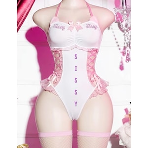Sissy Vit & Rosa Färgblocks Bodysuit Med Kaninöron Och Nätstrumpor 2-delat Set