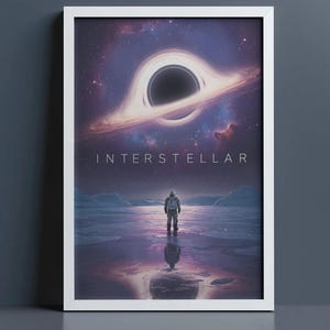 Puede incluir: Un póster enmarcado que muestra una escena espacial con un agujero negro y un astronauta solitario de pie sobre una superficie helada y reflectante. La palabra INTERSTELLAR está impresa en letras mayúsculas blancas en el centro del cielo cósmico morado y azul.
