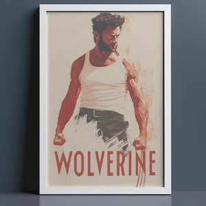 Könnte beinhalten: Ein gerahmter Kunstdruck mit einer stilisierten Illustration einer muskulösen Figur mit dunklem Haar und Koteletten, die ein weißes Unterhemd und eine dunkle Hose trägt. Die Figur hat ausgefahrene Metallkrallen. Das Wort WOLVERINE ist unten in Rot gedruckt.