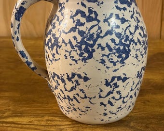 Vintage P.R. Storie Pottery Pitcher| Blue Spatterware Jug! Marshall, Texas Farmhouse Decor