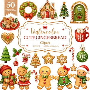 Könnte beinhalten: Eine Sammlung von Aquarell-Weihnachts-Cliparts mit Lebkuchenmännern, einem Lebkuchenhaus, einem Kranz, einer verzierten Tür, einem Becher mit heißer Schokolade, Zuckerstangen, Weihnachtsbäumen und Ornamenten mit dem Text 50 PNG Files und CUTE GINGERBREAD.