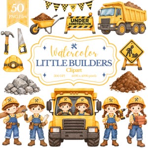Puede incluir: Una colección de imágenes prediseñadas en acuarela con temática de construcción que incluye un camión volquete amarillo, una carretilla con tierra, un casco, un martillo, una sierra, rocas, una señal de obra y cuatro niños con cascos y petos.