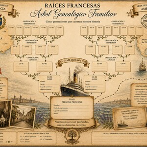 Op de afbeelding: Een stamboomdiagram in vintage-stijl met een centrale illustratie van een stoomschip, een kaart van Frankrijk en Amerika, een Franse vlag en lege velden voor vijf generaties. Bevat een paspoortafbeelding en historische fotolijsten.
