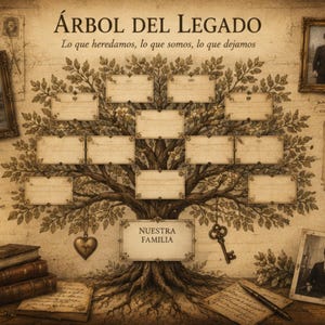 Op de afbeelding: Een stamboomdiagram in vintage-stijl getiteld ÁRBOL DEL LEGADO met lege rechthoekige vakken voor namen, omringd door sepia-kleurige foto's, een brandende kaars, gestapelde boeken, een zakhorloge, een hartvormige bedel en een sleutel.