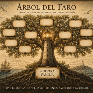 Op de afbeelding: Een sepia-kleurige stamboomkaart getiteld ÁRBOL DEL FARO met een grote boom met een vuurtoren als stam, lege rechthoekige kaders voor namen, een zeilschip, een kompasroos en een legenda met iconen voor verschillende levensgebeurtenissen.